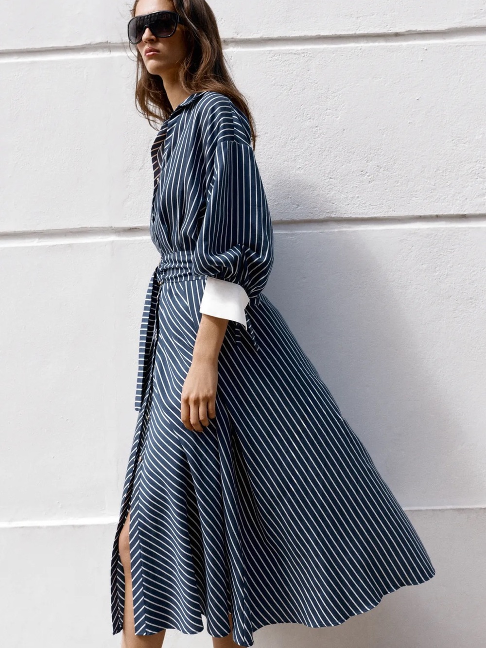 Zara Navy and White Striped Midi Shirt Dress with Belt - Picture 4 of 12